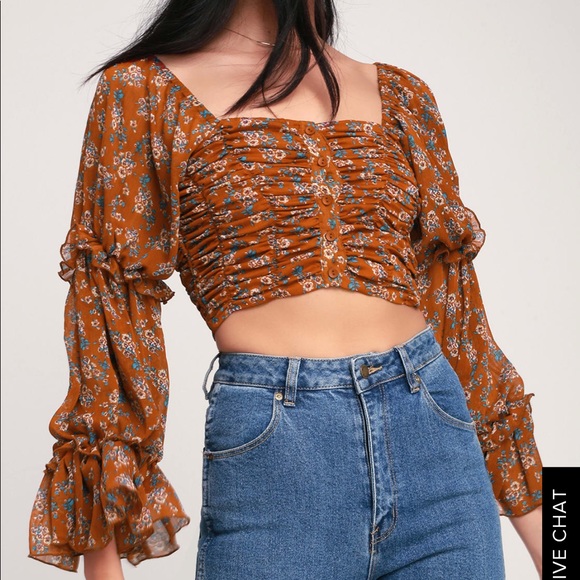 Lulus Tops - Lulus rust ruched long flowy sleeve crop top